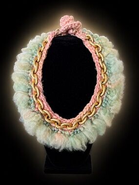 Pink and Mint Chunky Chain Statement Necklace with Gold Links
